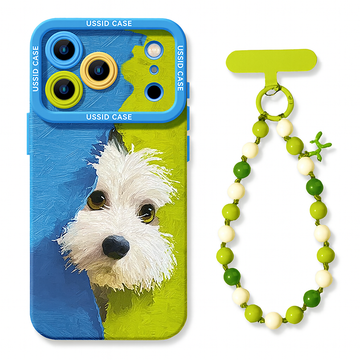 Plush Puppy Green Cartoon iPhone Case – Soft Lanyard Design
