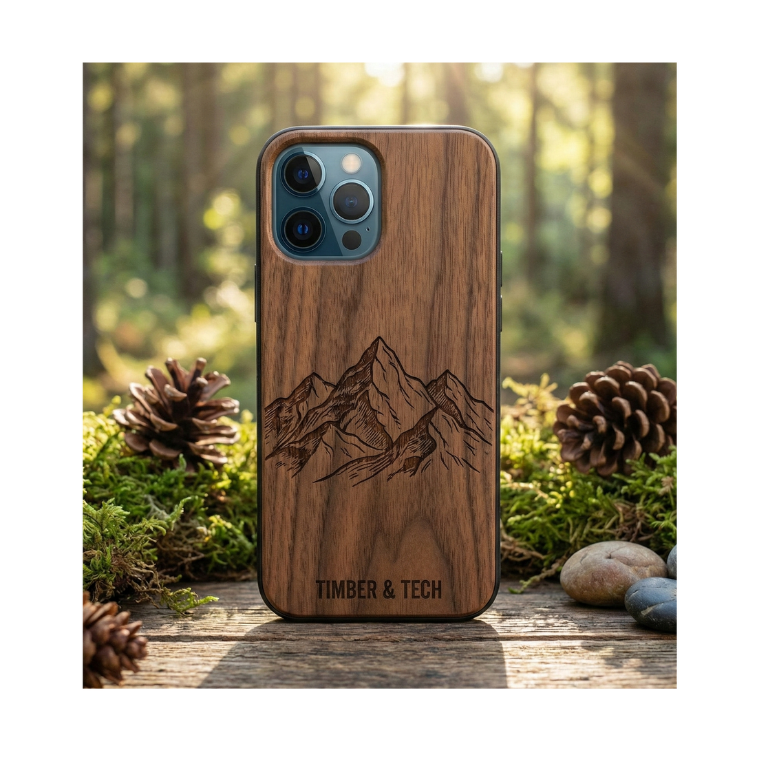 A wooden smartphone case featuring a mountain range engraving